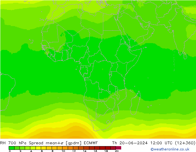 RH 700 hPa Spread ECMWF czw. 20.06.2024 12 UTC