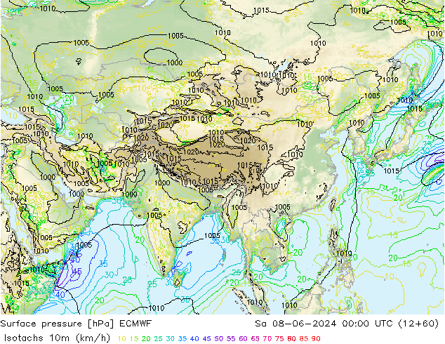 Isotachs (kph) ECMWF сб 08.06.2024 00 UTC