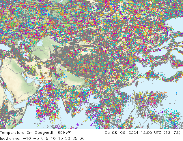 mapa temperatury 2m Spaghetti ECMWF so. 08.06.2024 12 UTC