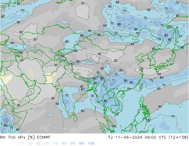 RH 700 hPa ECMWF Tu 11.06.2024 06 UTC