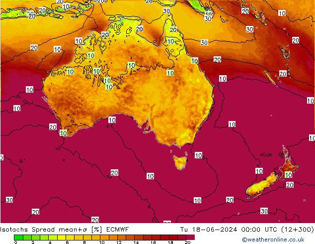 Isotachs Spread ECMWF Út 18.06.2024 00 UTC