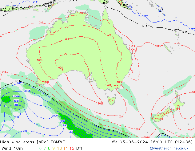 High wind areas ECMWF mié 05.06.2024 18 UTC