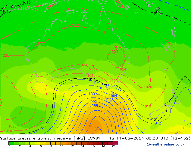 Surface pressure Spread ECMWF Tu 11.06.2024 00 UTC