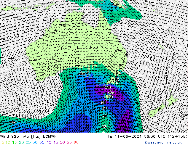 Wind 925 hPa ECMWF Út 11.06.2024 06 UTC