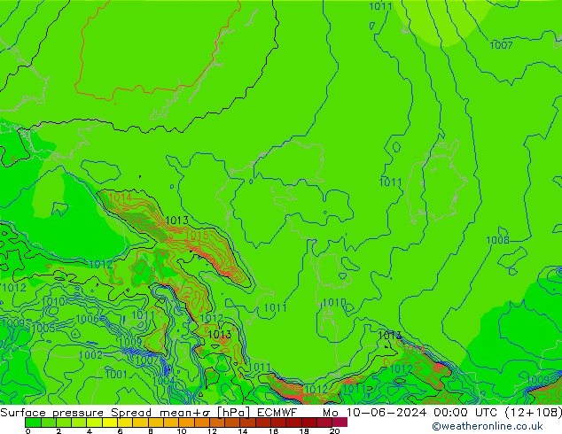 Presión superficial Spread ECMWF lun 10.06.2024 00 UTC