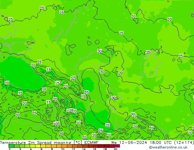 Temperature 2m Spread ECMWF St 12.06.2024 18 UTC