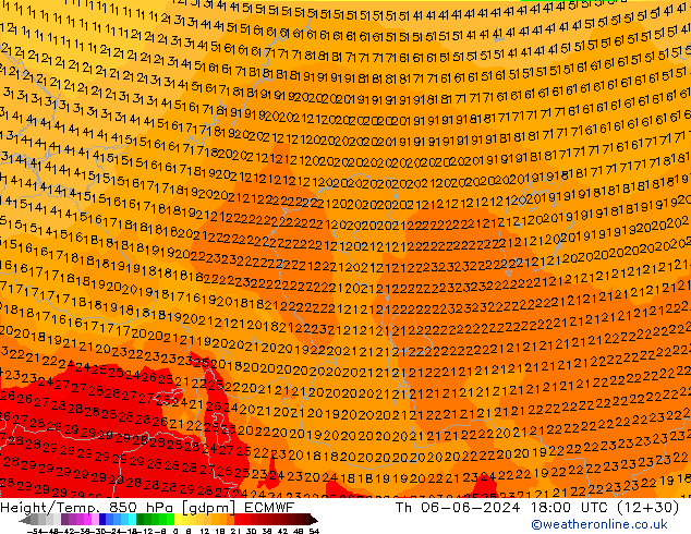 Height/Temp. 850 гПа ECMWF чт 06.06.2024 18 UTC