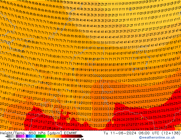 Yükseklik/Sıc. 850 hPa ECMWF Sa 11.06.2024 06 UTC