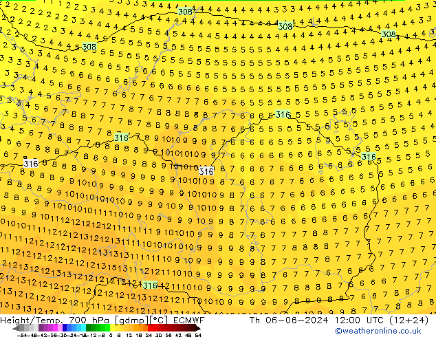 Geop./Temp. 700 hPa ECMWF jue 06.06.2024 12 UTC