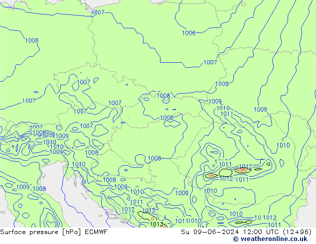 Atmosférický tlak ECMWF Ne 09.06.2024 12 UTC