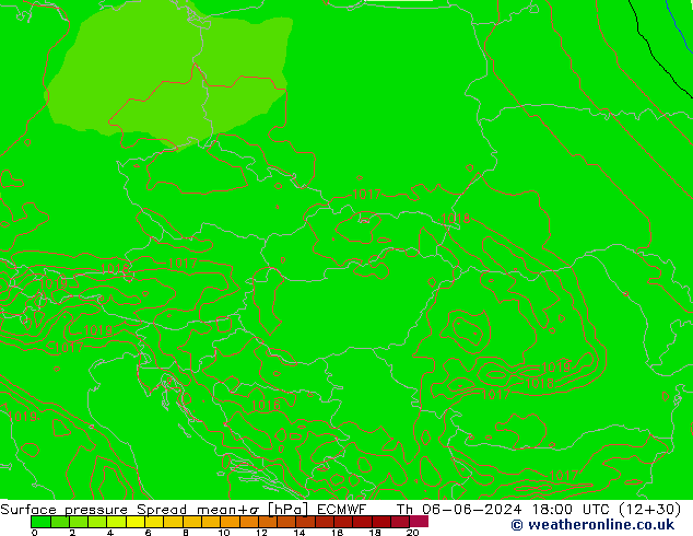 Surface pressure Spread ECMWF Th 06.06.2024 18 UTC