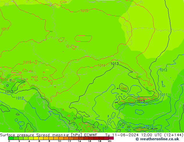 Surface pressure Spread ECMWF Tu 11.06.2024 12 UTC