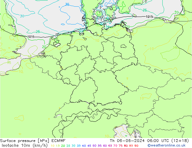 Isotaca (kph) ECMWF jue 06.06.2024 06 UTC