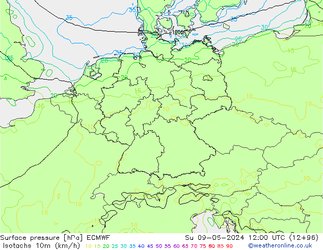 Isotachs (kph) ECMWF Ne 09.06.2024 12 UTC