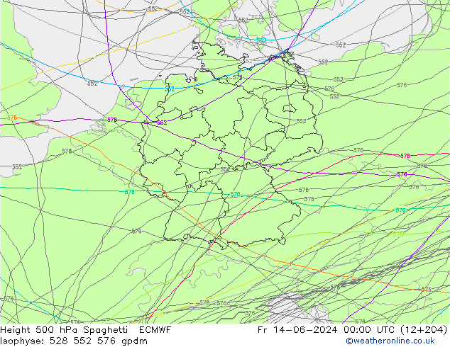 Height 500 hPa Spaghetti ECMWF Fr 14.06.2024 00 UTC