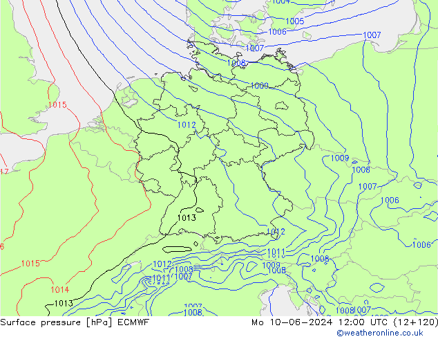 Luchtdruk (Grond) ECMWF ma 10.06.2024 12 UTC