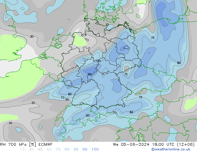 Humidité rel. 700 hPa ECMWF mer 05.06.2024 18 UTC