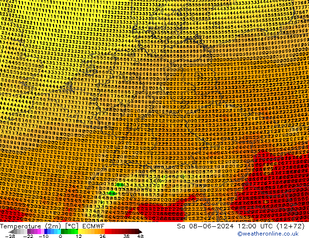 mapa temperatury (2m) ECMWF so. 08.06.2024 12 UTC