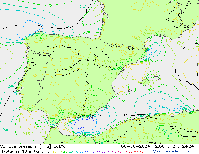Isotachen (km/h) ECMWF Do 06.06.2024 12 UTC