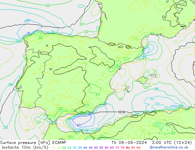 Isotachs (kph) ECMWF Th 06.06.2024 12 UTC