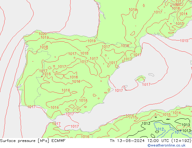 Surface pressure ECMWF Th 13.06.2024 12 UTC