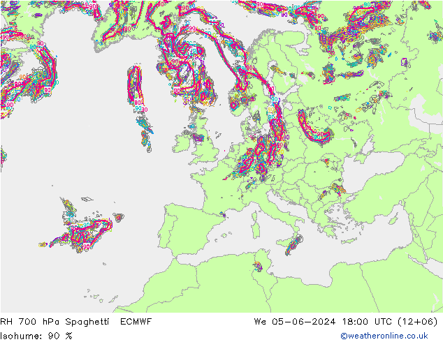 RH 700 hPa Spaghetti ECMWF mer 05.06.2024 18 UTC