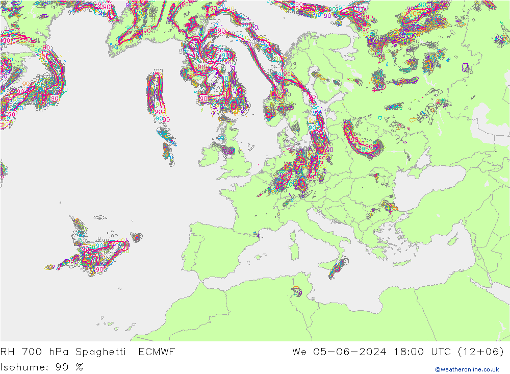 RH 700 hPa Spaghetti ECMWF Mi 05.06.2024 18 UTC