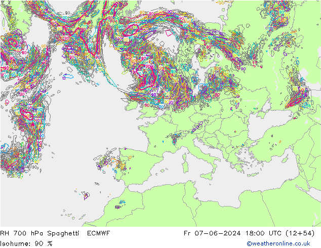 RH 700 hPa Spaghetti ECMWF Sex 07.06.2024 18 UTC