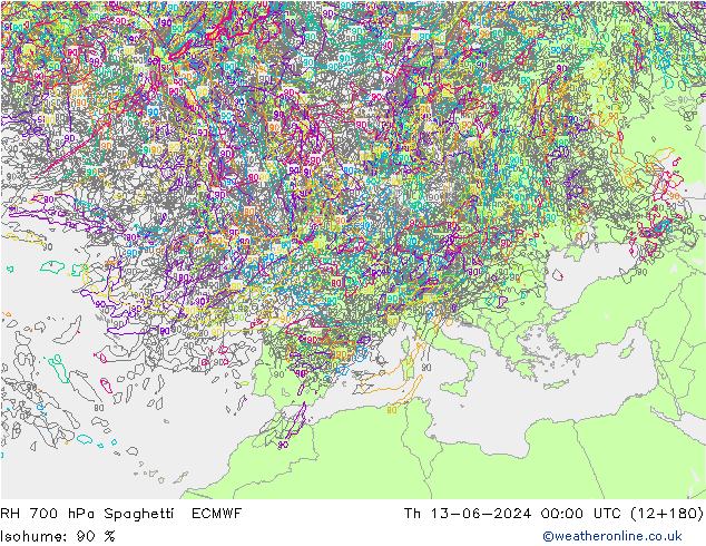 RH 700 гПа Spaghetti ECMWF чт 13.06.2024 00 UTC