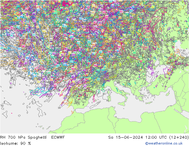 RH 700 hPa Spaghetti ECMWF Sa 15.06.2024 12 UTC