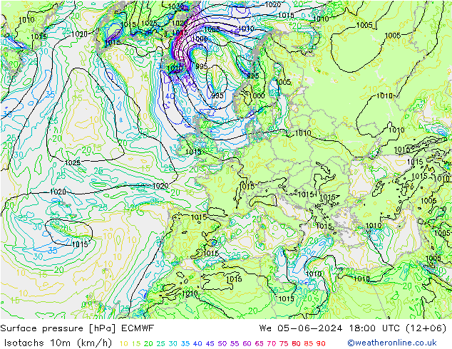 Isotachen (km/h) ECMWF wo 05.06.2024 18 UTC