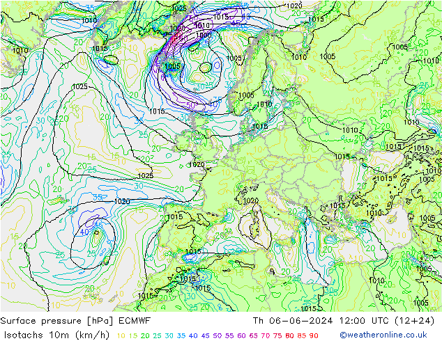 Isotachen (km/h) ECMWF Do 06.06.2024 12 UTC