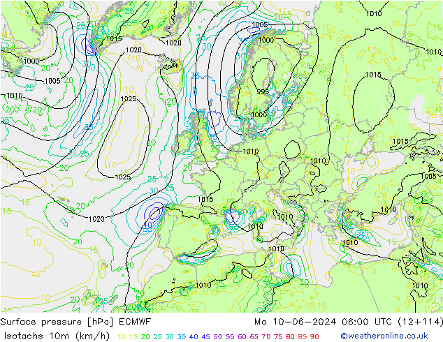 Isotachs (kph) ECMWF Mo 10.06.2024 06 UTC