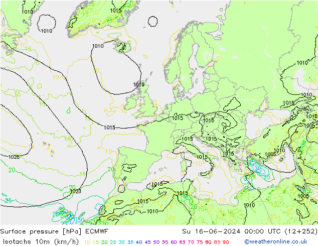 Isotachs (kph) ECMWF Dom 16.06.2024 00 UTC