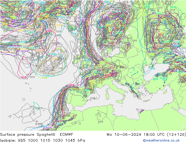 Surface pressure Spaghetti ECMWF Mo 10.06.2024 18 UTC