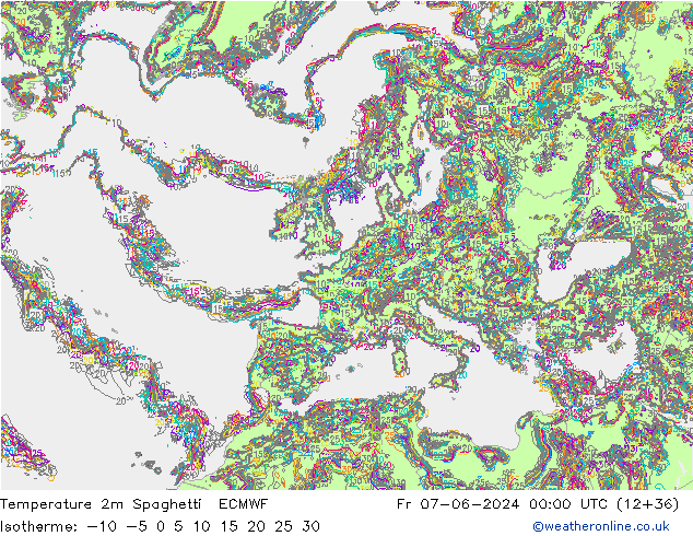 Temperature 2m Spaghetti ECMWF Fr 07.06.2024 00 UTC