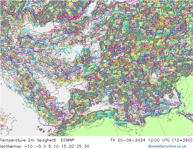 Temperatura 2m Spaghetti ECMWF Qui 20.06.2024 12 UTC