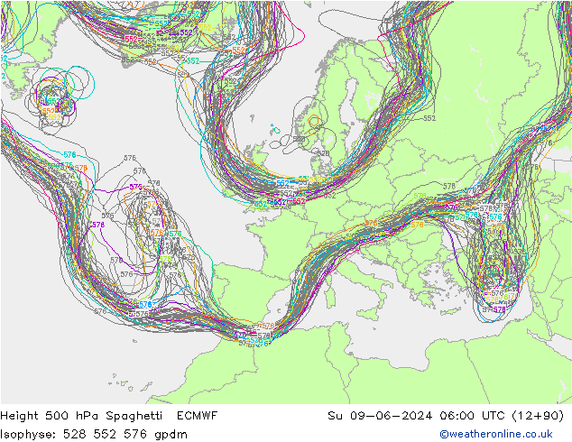 Height 500 hPa Spaghetti ECMWF Su 09.06.2024 06 UTC