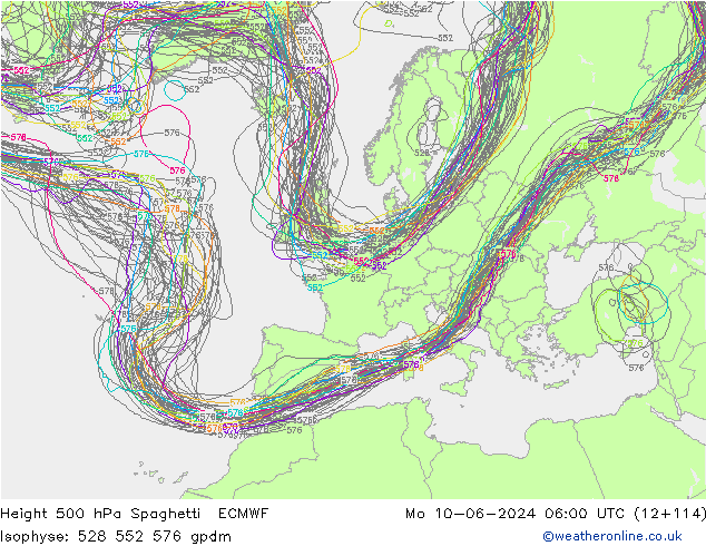 Hoogte 500 hPa Spaghetti ECMWF ma 10.06.2024 06 UTC