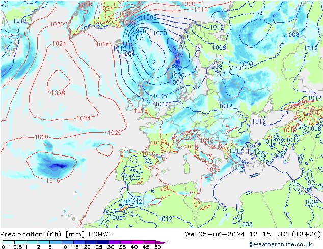 Totale neerslag (6h) ECMWF wo 05.06.2024 18 UTC