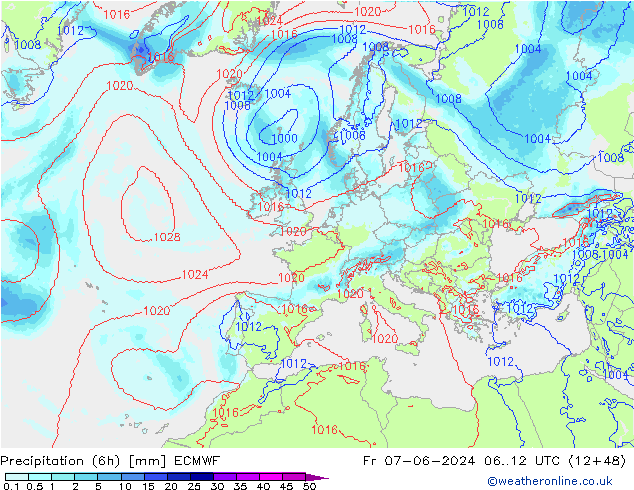 осадки (6h) ECMWF пт 07.06.2024 12 UTC