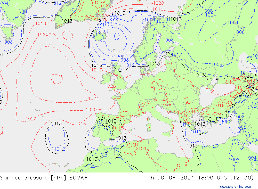 Presión superficial ECMWF jue 06.06.2024 18 UTC