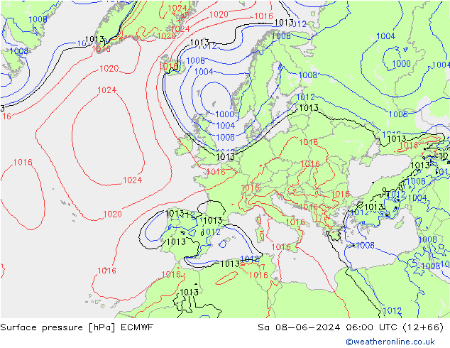 Presión superficial ECMWF sáb 08.06.2024 06 UTC