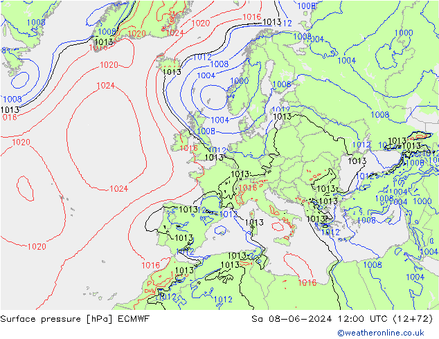 Bodendruck ECMWF Sa 08.06.2024 12 UTC