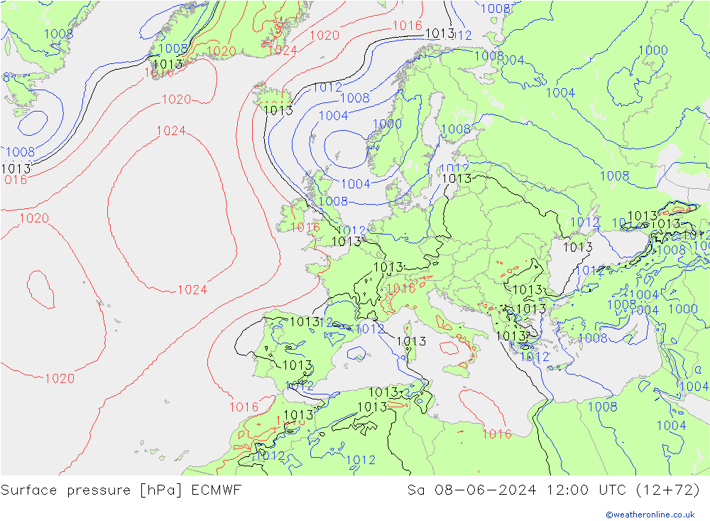 Bodendruck ECMWF Sa 08.06.2024 12 UTC