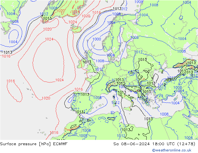 Surface pressure ECMWF Sa 08.06.2024 18 UTC