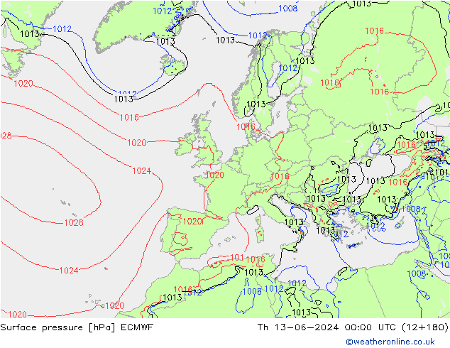 Pressione al suolo ECMWF gio 13.06.2024 00 UTC