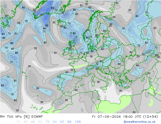 Humidité rel. 700 hPa ECMWF ven 07.06.2024 18 UTC