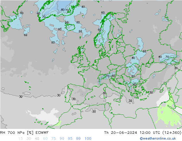 RH 700 hPa ECMWF Qui 20.06.2024 12 UTC