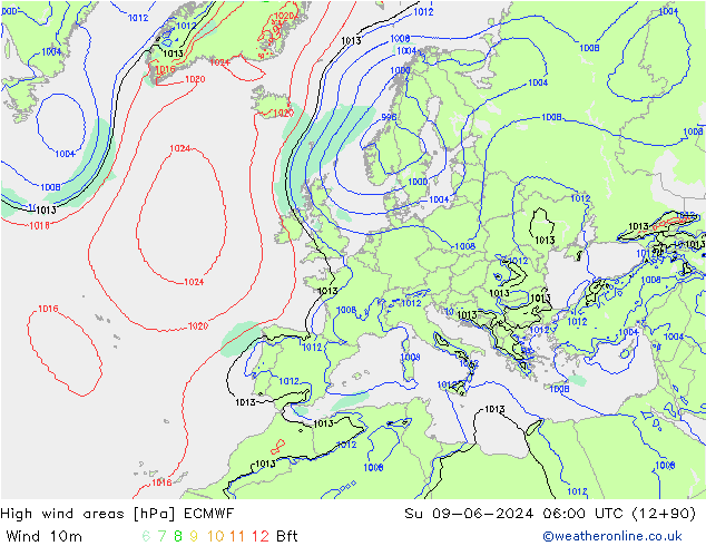 Windvelden ECMWF zo 09.06.2024 06 UTC